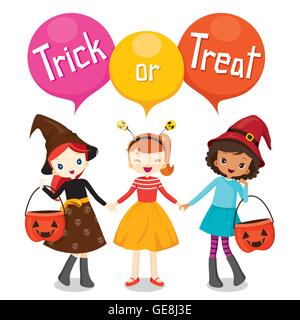 Citrouille Halloween et godet Girls Holding Hands, mystère, maison de vacances, de la culture, de l'Octobre, décoration, la fantaisie, la nuit de la partie Illustration de Vecteur
