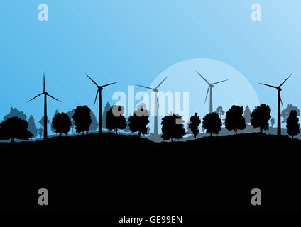 L'électricité d'énergie de remplacement des générateurs du vent dans la campagne nature paysage forêt illustration vecteur d'arrière-plan Illustration de Vecteur