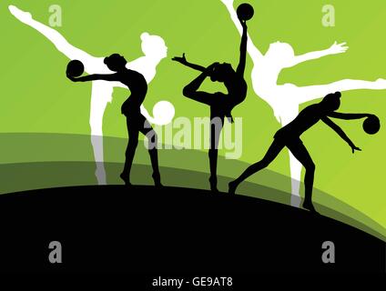 Les jeunes gymnastes actifs fille silhouettes en acrobatie ball abstract background vector illustration Illustration de Vecteur