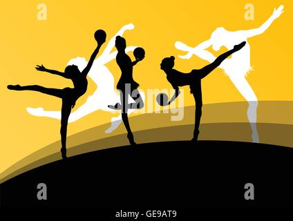 Les jeunes gymnastes actifs fille silhouettes en acrobatie ball abstract background vector illustration Illustration de Vecteur