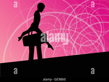 Les enfants actifs silhouette sport sur cheval-arçons abstract background vector illustration pour poster Illustration de Vecteur