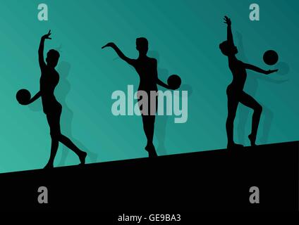 Les jeunes gymnastes actifs fille silhouettes en acrobatie ball résumé fond illustration vecteur pour poster Illustration de Vecteur