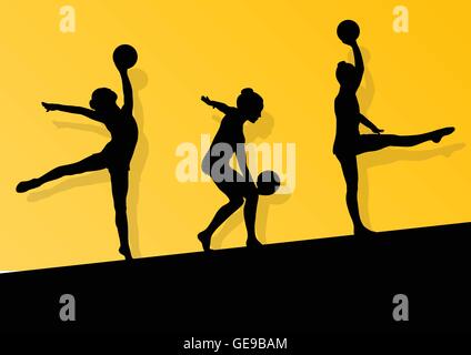 Les jeunes gymnastes actifs fille silhouettes en acrobatie ball résumé fond illustration vecteur pour poster Illustration de Vecteur