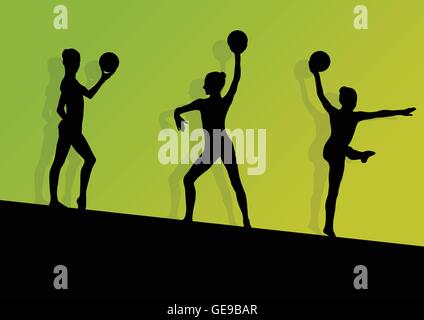 Les jeunes gymnastes actifs fille silhouettes en acrobatie ball résumé fond illustration vecteur pour poster Illustration de Vecteur