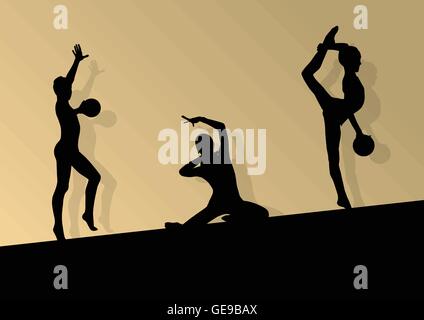 Les jeunes gymnastes actifs fille silhouettes en acrobatie ball résumé fond illustration vecteur pour poster Illustration de Vecteur