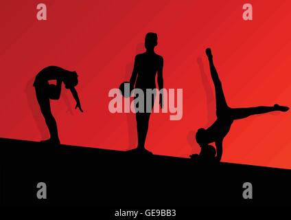 Les jeunes gymnastes actifs fille silhouettes en acrobatie ball résumé fond illustration vecteur pour poster Illustration de Vecteur