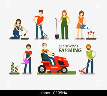 L'agriculture et le jardinage ensemble d'icônes. Nos gens au travail sur la ferme. Vector illustration Illustration de Vecteur