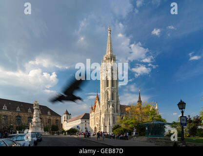 Budapest : Szentharomsag ter ( Sainte Trinité Square ) avec la colonne de la peste, l'hôtel Hilton, l'église Matthias, Flying Pigeon, Hongrie Banque D'Images