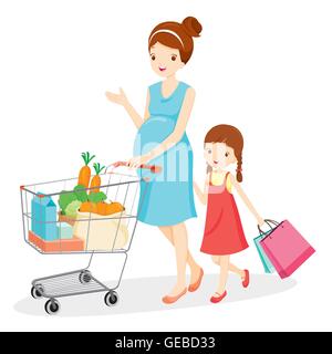 Maman enceinte et sa fille Shopping ensemble, la mère, la vente au détail, panier, l'achat, Pushcart, Trolley Illustration de Vecteur