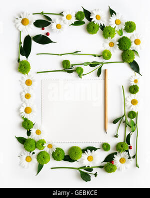 Papier et crayon avec floral frame à partir de camomille et de fleurs de chrysanthème, ficus feuilles et Rowan mûrs sur fond blanc. Vo Banque D'Images