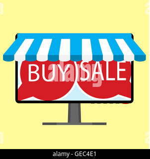 Vente et achat en ligne. Shopping et boutique, marketing et promotion avec auvent, vector illustration Banque D'Images