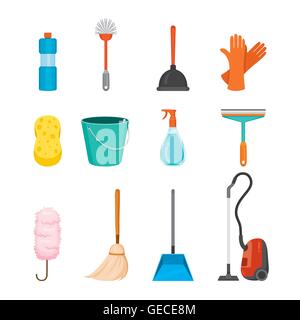 Le nettoyage, l'électroménager Icons Set, des travaux ménagers, d'appareils, outils domestiques, l'icône, le symbole, la saison du printemps, Icon Set Illustration de Vecteur