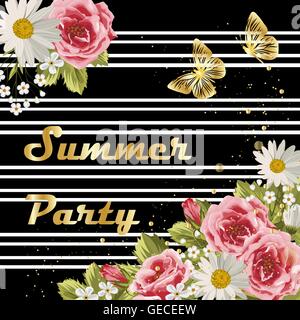 De belles fleurs sur fond à rayures. Illustration de Vecteur