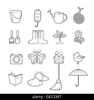 Aperçu printemps Icons Set, jardinage, travaux ménagers, d'appareils, outils domestiques, l'icône Poste de travail, le nettoyage, symbole, icône Illustration de Vecteur