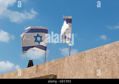 Tel Aviv : deux brandissant des drapeaux d'Israël, le drapeau d'Israël a été adopté le 28 octobre 1948, 5 mois après l'établissement de l'état d'Israël Banque D'Images