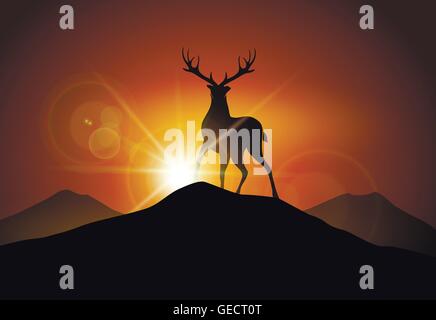Silhouette de cerf sur un pic de montagne contre coucher de paysage. Illustration de Vecteur