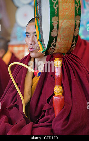 Au cours de la prière des moines,Puja le Losar, le nouvel an en monastère de Namgyal,dans Tsuglagkhang complex. McLeod Ganj, Dharamsala, Himachal Prades Banque D'Images