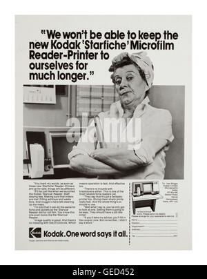 1970 presse Kodak annonce tarfiche "lecteur/imprimante distincts de microfilms' Ian Shaw Photographe Kodak Banque D'Images