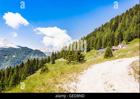 Paysage de montagne avec petite ferme (malga , Chaumière alpine.)pour l'alpage de vaches en été. Alpes Juliennes, Italie Banque D'Images