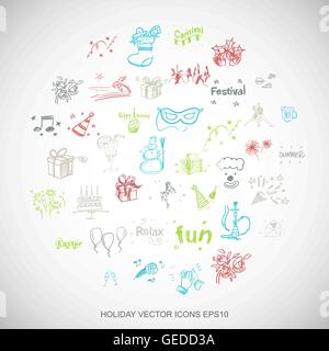 Multicolor doodles Hand Drawn Holiday Icons set sur blanc. EPS10 vector illustration. Illustration de Vecteur