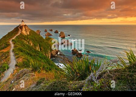Géographie / voyages, Nouvelle-Zélande, île du Sud, Nugget Point Lighthouse, Nugget Point Lighthouse qui reçoit son nom à travers la petite pépite comme des rochers qui mesure à partir du point dans le Catlilns le long de la route panoramique du Sud, l'autoroute Catlins, sur la côte Est, l'île du Sud, de l'utilisation des No-Exclusive Banque D'Images