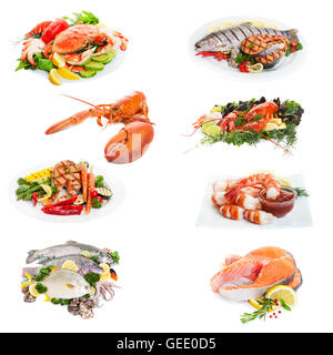 Sea Food collage fait à partir de huit photographies on white Banque D'Images