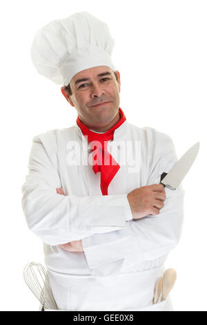 Portrait of a happy smiling top chef sur un fond blanc. Banque D'Images