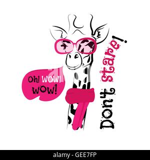 Funny girafe lunettes rose et écharpe avec belle etiquette dans la tendance de la saison. Expression créative lettrage, style de jeunesse Illustration de Vecteur