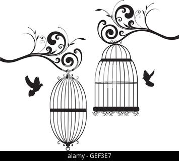 Vector illustration de cages à oiseaux vintage avec des oiseaux Illustration de Vecteur