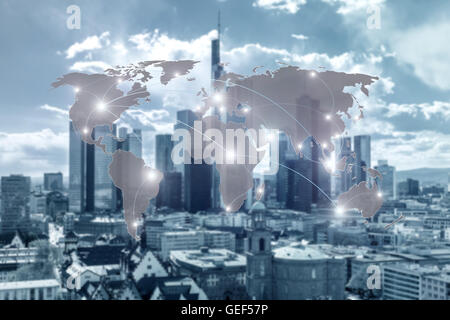 Concept de mise en réseau - Réseau et carte du monde dans la ville de flou pour l'utilisation du réseau mondial de partenaires contexte. Banque D'Images