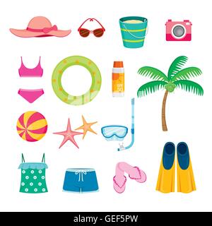 Objets d'été Icons Set, l'équipement, l'outil, Plage, piscine, mer, vacances, Maison de vacances, Style de Illustration de Vecteur