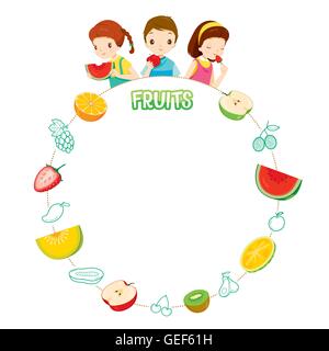 Les enfants et les icônes des objets Fruits sur châssis circulaire, tropical, une saine alimentation, de l'alimentation, de jus Illustration de Vecteur