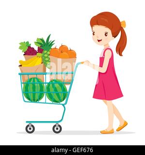 Girl Shopping avec beaucoup de fruits, tropical, une saine alimentation, de l'alimentation, de jus Illustration de Vecteur