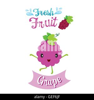 Cute Cartoon de fruits Raisin, bannière, Logo, fruits tropicaux, la conception des personnages, l'été, la saine alimentation, de l'alimentation, de jus Illustration de Vecteur