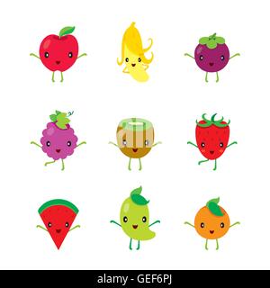 Cute Cartoon Characters Design Jeu de fruits, les fruits tropicaux, les caractères, de la conception de l'été, la saine alimentation, de l'alimentation, de jus Illustration de Vecteur