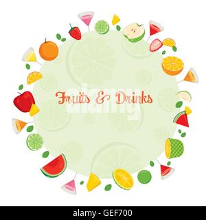 Fruits et boissons sur châssis circulaire, l'été, les fruits tropicaux, la saine alimentation, de la nourriture, de la boisson, naturel Illustration de Vecteur