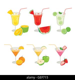 Verres de fruits et des cocktails, l'été, les fruits tropicaux, la saine alimentation, de la nourriture, de la boisson, naturel Illustration de Vecteur