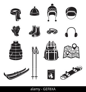 L'équipement d'hiver Icons Set Monochrome, saison, vacances, vacances, voyage, l'activité, de l'objet Illustration de Vecteur