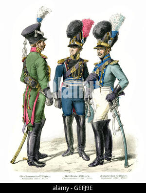 Les uniformes militaires de soldats bavarois au début du xixe siècle. Officier de gendarmerie, officier d'artillerie, Banque D'Images