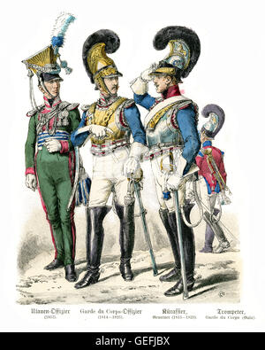 Les uniformes militaires de soldats bavarois au début du xixe siècle. Officier de cavalerie Ulan, Garde du corps, officier Cuirassier et Trumpete Banque D'Images