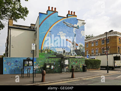 Fresque à Peckham par Walter Kershaw. Une version moderne de la Jacob Ruisdael's 'Paysage avec moulins à vent' partie de Dulwich Gallery. Banque D'Images