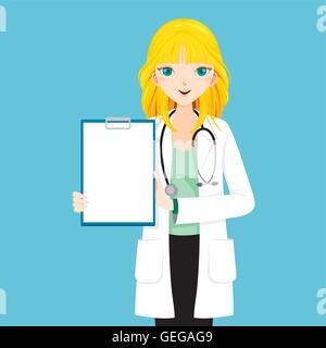 Femme médecin aux cheveux blonds Showing Blank Presse-papiers, médecin, hôpital, Checkup, Patient, en bonne santé, le traitement, le personnel Illustration de Vecteur