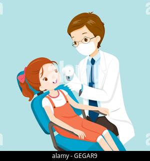 Dentiste et jolie fille sur le fauteuil dentaire, dentisterie, médecine, hôpital, Checkup, Patient, l'hygiène, la santé, le traitement Illustration de Vecteur