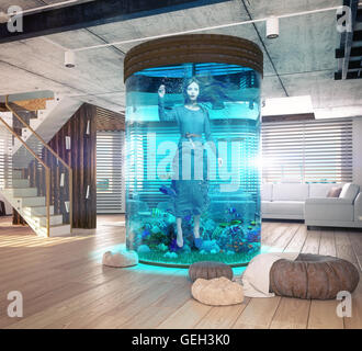 Une femme dans l'aquarium. Loft moderne avec l'intérieur de l'aquarium. Concept 3d Banque D'Images