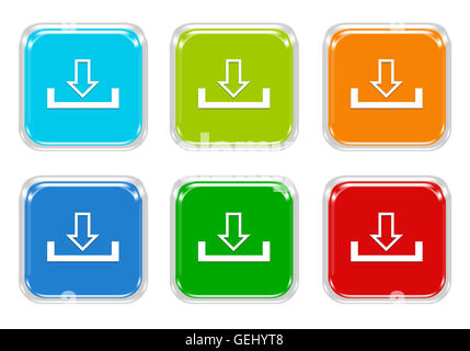 Ensemble de boutons colorés au carré avec symbole de téléchargement en bleu, vert, rouge et orange Banque D'Images