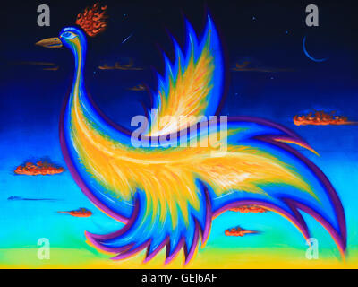 L'Art original illustration, peinture acrylique de phoenix, oiseau volant dans le ciel nocturne. Image horizontale. Banque D'Images