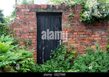 Une porte en bois fermée situé dans un mur de brique rouge dans un jardin luxuriant. Banque D'Images