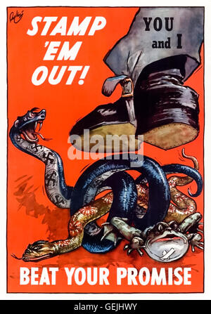 Estampillage 'em Out ! Battre la promesse'US Gouvernement Guerre Mondiale 2 poster publié en 1943 montrant un travailleur américain stamping sur les puissances de l'axe, les serpents représentant l'Allemagne nazie et le Japon impérial et une grenouille représente l'Italie de Mussolini. Voir la description pour plus d'informations. Banque D'Images