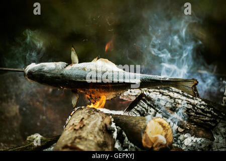 Les poissons entiers grillés sur un barbecue. Banque D'Images