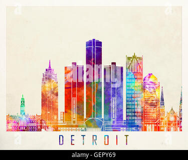 Repères de Detroit affiche aquarelle Banque D'Images